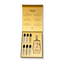 Load image into Gallery viewer, luxury niche perfume brand minimalist style best seller fragrance discovery set 10ml  secret amber imperial leather mystique myrrhe lucky charm amour absolu iconic amber oud high quality unisex parfum including handbag charm pouch
