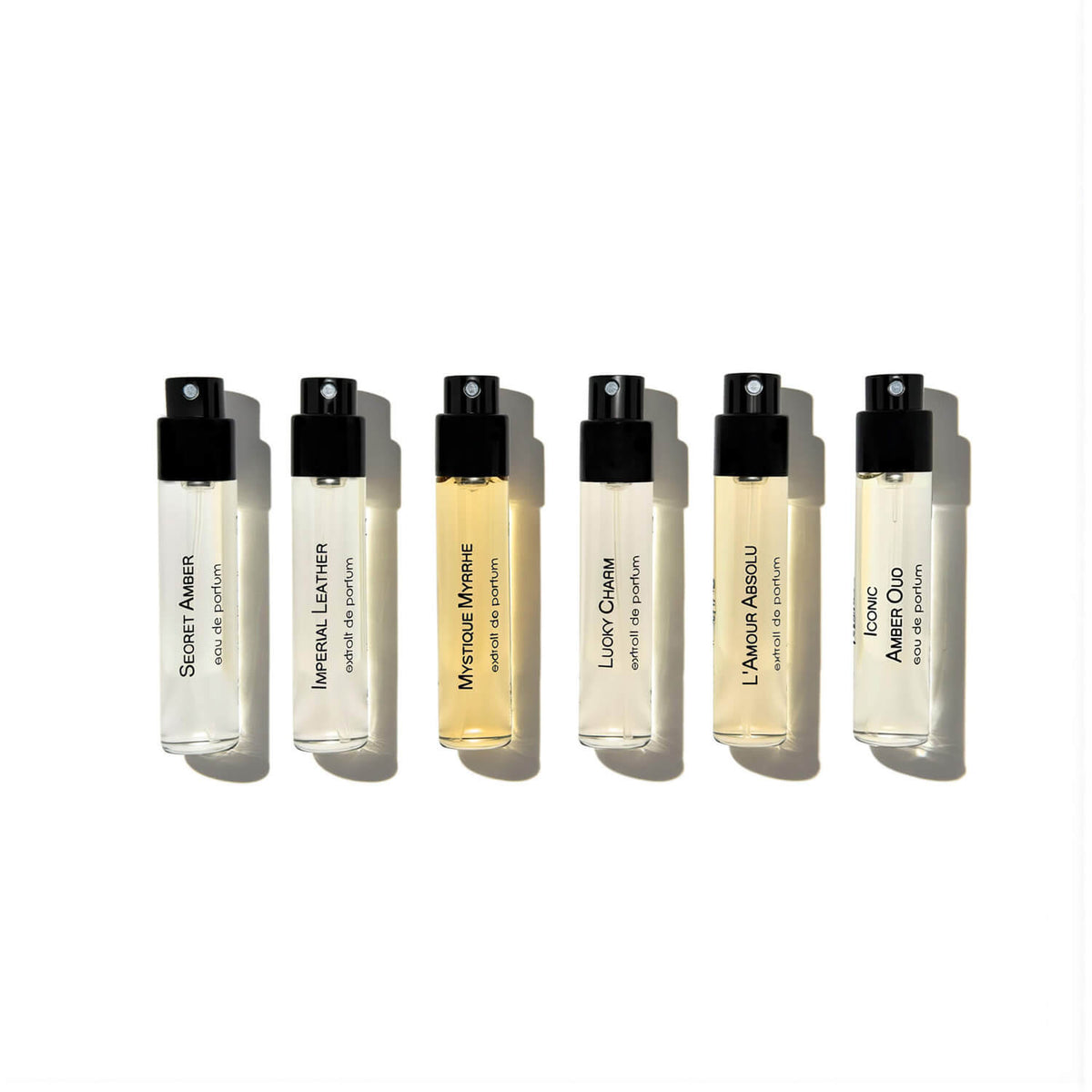 Discovery set six best seller perfume available in 10 ml secret amber imperial leather mystique myrrhe lucky charm amour absolu iconic amber oud high quality unisex fragrance